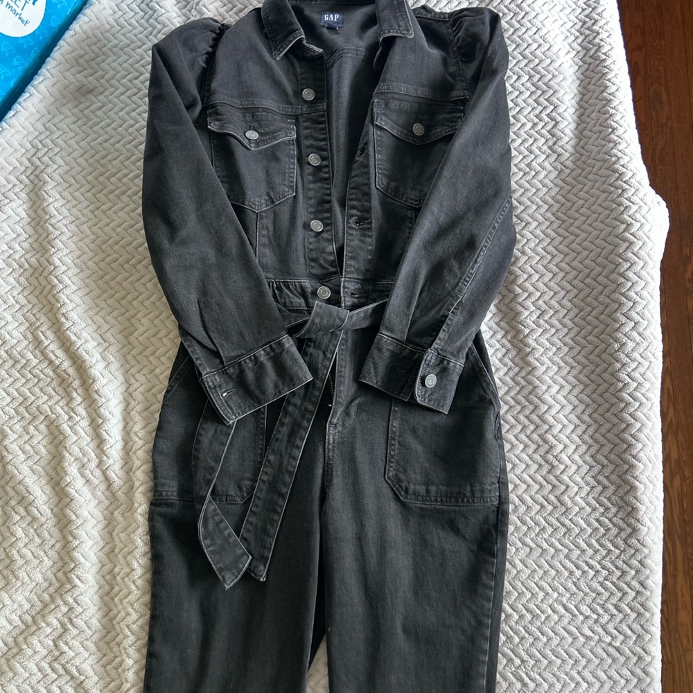 GAP Black Denim Utility Jumpsuit with Tie Waist